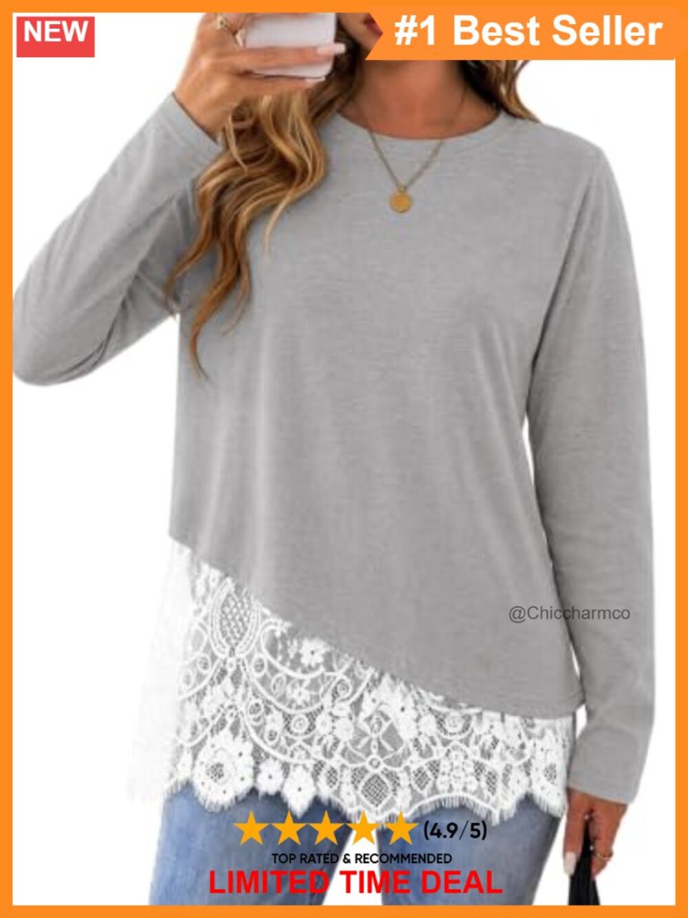 Womens Oversized Long Sleeve Lace Patchwork T Shirt Casual Top